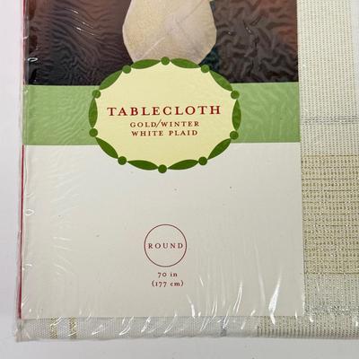 LOT 120: Five NIP Round 70” White Winter Plaid Table Cloths