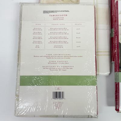 LOT 120: Five NIP Round 70” White Winter Plaid Table Cloths