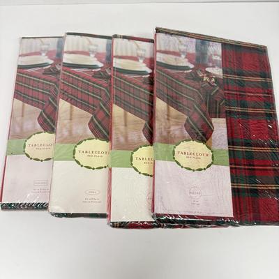 LOT 124: Four NIP Red Plaid Tablecloths