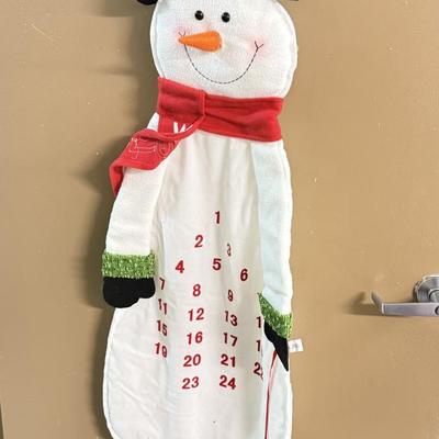 LOT 132: Snowman Christmas Calendar, Santa Tablecloths (NIP) & Hand Made Tree Wall Hanging