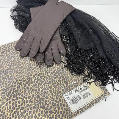 LOT 134: Size 8 Fur Lined Gloves, Leopard Chemise & Beaded Shawl