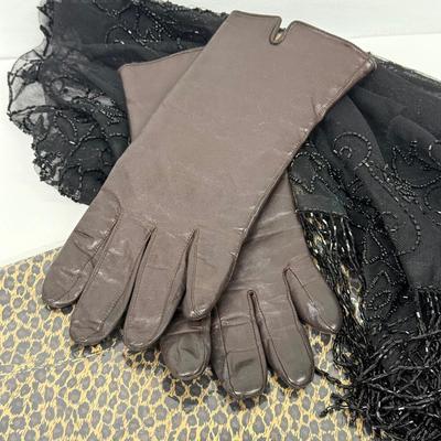 LOT 134: Size 8 Fur Lined Gloves, Leopard Chemise & Beaded Shawl