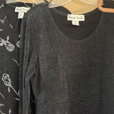 LOT 140: New- Plus size- Sparkly Women's Clothing; Ronni Nicole & More- 2 full length dresses, 1 shorter dress and 1 blouse