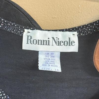 LOT 140: New- Plus size- Sparkly Women's Clothing; Ronni Nicole & More- 2 full length dresses, 1 shorter dress and 1 blouse