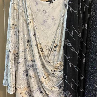 LOT 140: New- Plus size- Sparkly Women's Clothing; Ronni Nicole & More- 2 full length dresses, 1 shorter dress and 1 blouse