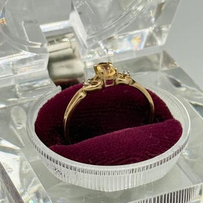 LOT 158: Dainty 10kt Gold Citrine Diamond Ring Size 7 (1.0gtw)
