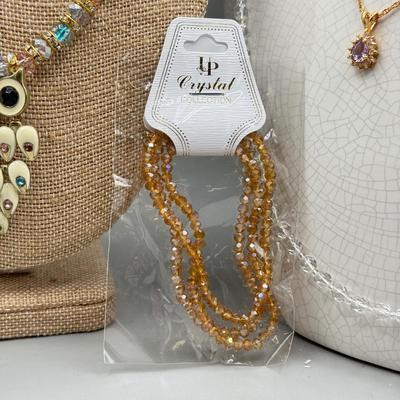LOT 169: Pendant Necklaces, Amber Color Bracelet, Owl Necklace w Matching Earrings & More