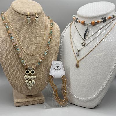 LOT 169: Pendant Necklaces, Amber Color Bracelet, Owl Necklace w Matching Earrings & More