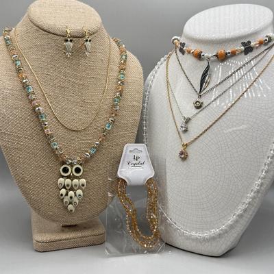 LOT 169: Pendant Necklaces, Amber Color Bracelet, Owl Necklace w Matching Earrings & More