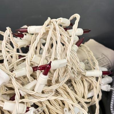 LOT 175: Tote full of White Tube & Red String Lights and a new Gemmy LED Lightshow Projection WHIRL-A-MOTION, heavy duty large tote...