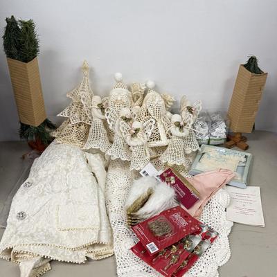 LOT 177: Vintage Lace Wedding Outfit, Crocheted Angels & Santa’s & More