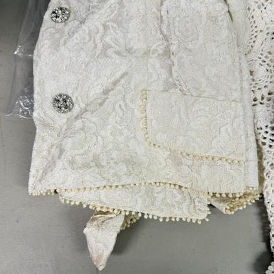 LOT 177: Vintage Lace Wedding Outfit, Crocheted Angels & Santa’s & More