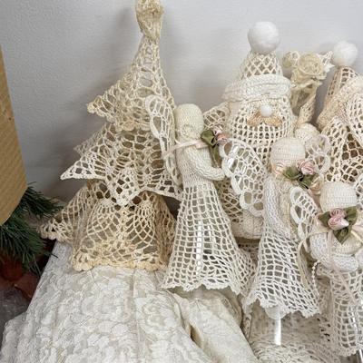 LOT 177: Vintage Lace Wedding Outfit, Crocheted Angels & Santa’s & More