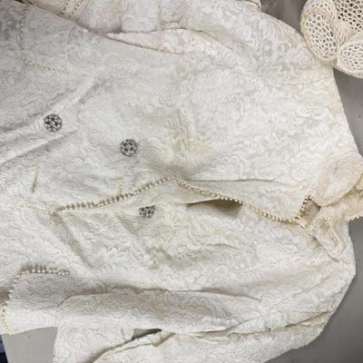 LOT 177: Vintage Lace Wedding Outfit, Crocheted Angels & Santa’s & More