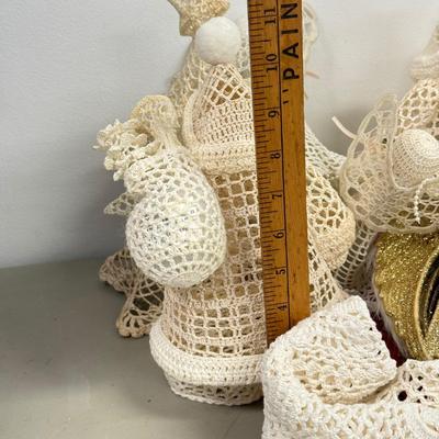 LOT 177: Vintage Lace Wedding Outfit, Crocheted Angels & Santa’s & More