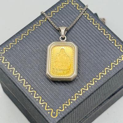 LOT 185: Sterling & Glass Encased Laughing Buddha .999 Gold Bar (4.9g) on 17” Sterling Chain (2.7g)