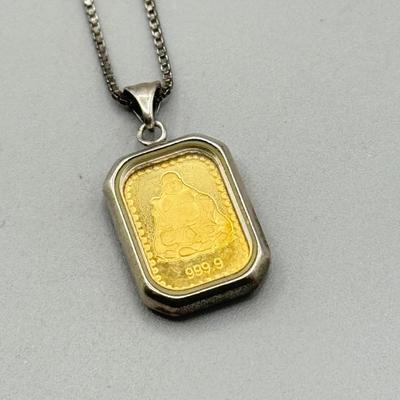LOT 185: Sterling & Glass Encased Laughing Buddha .999 Gold Bar (4.9g) on 17” Sterling Chain (2.7g)