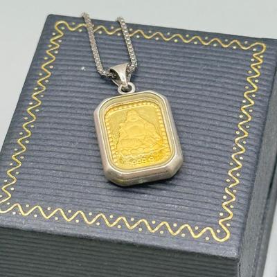 LOT 185: Sterling & Glass Encased Laughing Buddha .999 Gold Bar (4.9g) on 17” Sterling Chain (2.7g)