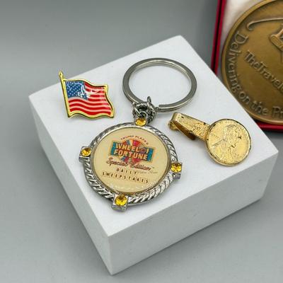 LOT 188: 90% Silver Kennedy Half Dollar Keychain, 125th Anniversary 1989 Travelers Coin/ Medallion & More