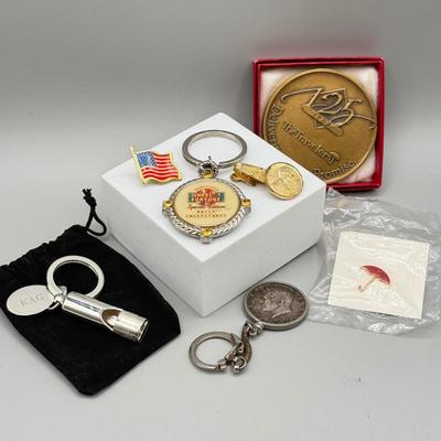LOT 188: 90% Silver Kennedy Half Dollar Keychain, 125th Anniversary 1989 Travelers Coin/ Medallion & More