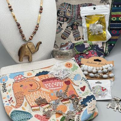 LOT 191: Elephant Themed Bag, Pouches & Jewelry