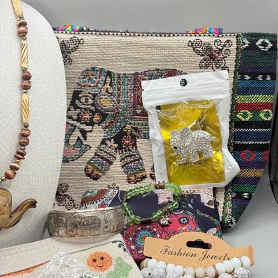 LOT 191: Elephant Themed Bag, Pouches & Jewelry