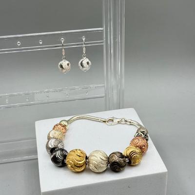LOT 197: Sterling Bracelet w Gorgeous Beads & Matching Earrings