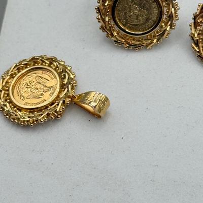 LOT 200: 14kt Gold Coin Clip On Earrings w Matching Pendant (8.3gtw)