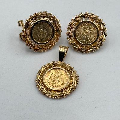 LOT 200: 14kt Gold Coin Clip On Earrings w Matching Pendant (8.3gtw)