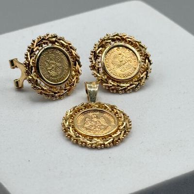 LOT 200: 14kt Gold Coin Clip On Earrings w Matching Pendant (8.3gtw)