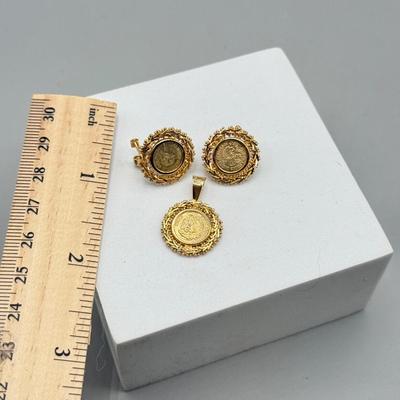 LOT 200: 14kt Gold Coin Clip On Earrings w Matching Pendant (8.3gtw)