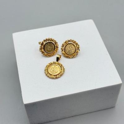 LOT 200: 14kt Gold Coin Clip On Earrings w Matching Pendant (8.3gtw)
