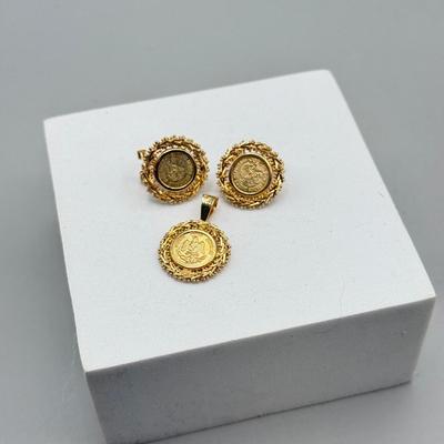 LOT 200: 14kt Gold Coin Clip On Earrings w Matching Pendant (8.3gtw)