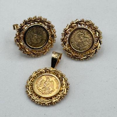 LOT 200: 14kt Gold Coin Clip On Earrings w Matching Pendant (8.3gtw)