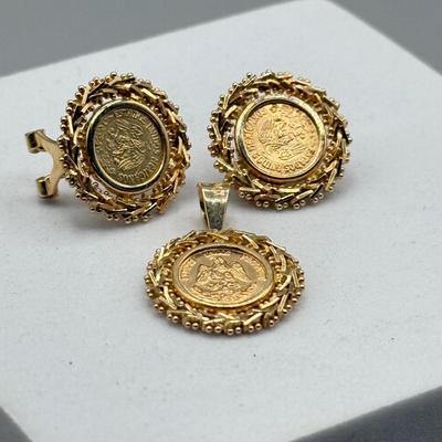 LOT 200: 14kt Gold Coin Clip On Earrings w Matching Pendant (8.3gtw)
