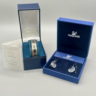 LOT 202: Swarovski Crystal Earrings and Bradford Exchange Copper Bracelet - in Original Boxes