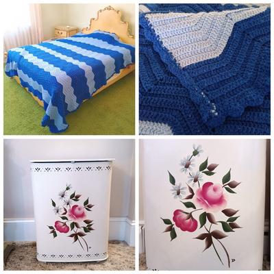 LOT 3: Vintage Crocheted Blank and Hand Painted Metal Hamper