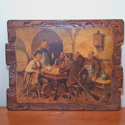 LOT 38: Vintage German Bar Scene Art with Metal Umbrella Stand