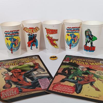 LOT 45: Seven Eleven Amoco 1970s Marvel Comics Cups with Contemporary Spiderman Comics