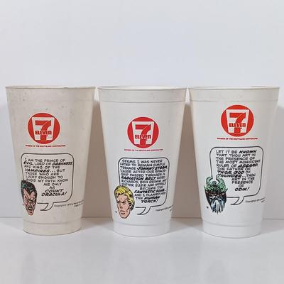 LOT 45: Seven Eleven Amoco 1970s Marvel Comics Cups with Contemporary Spiderman Comics