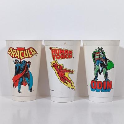 LOT 45: Seven Eleven Amoco 1970s Marvel Comics Cups with Contemporary Spiderman Comics
