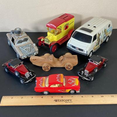 LOT 57: Collection of Assorted Toy Cars and Trucks - Star Wars General Mills Super Sonic Power Van, Ertl Shop-Rite Bank, 57 Chevy, Wooden...