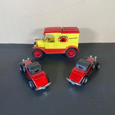 LOT 57: Collection of Assorted Toy Cars and Trucks - Star Wars General Mills Super Sonic Power Van, Ertl Shop-Rite Bank, 57 Chevy, Wooden...