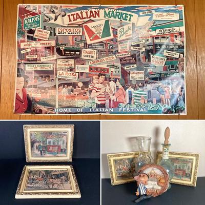 LOT 62: Vintage Italian Themed Collection - Framed Artwork, Philadelphia 9th Street Festival Poster, Angelino Figurine / Ornament, Cafe...