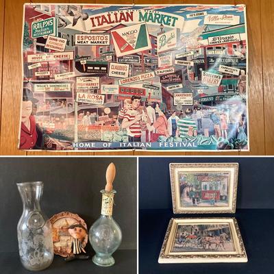 LOT 62: Vintage Italian Themed Collection - Framed Artwork, Philadelphia 9th Street Festival Poster, Angelino Figurine / Ornament, Cafe...
