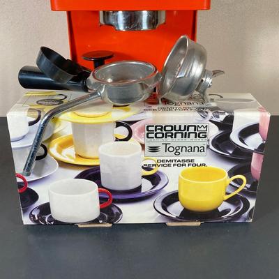 LOT 63: Vintage Quick-Mill Made in Italy Espresso Machine with Crown Corning Tognana Demitasse Service for Four in Box