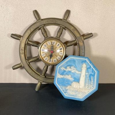 LOT 64: Vintage Brass Ships Wheel Wall Clock with Octagon Blue and White Nautical Box