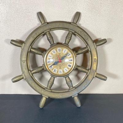 LOT 64: Vintage Brass Ships Wheel Wall Clock with Octagon Blue and White Nautical Box