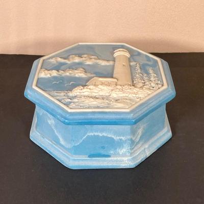 LOT 64: Vintage Brass Ships Wheel Wall Clock with Octagon Blue and White Nautical Box