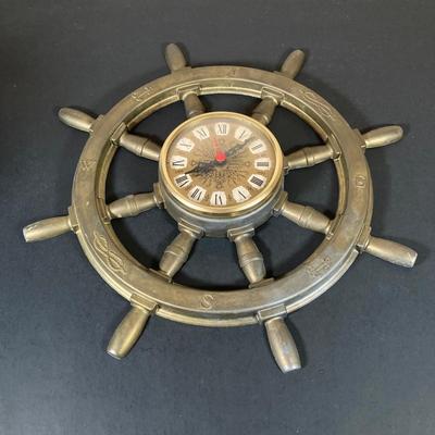 LOT 64: Vintage Brass Ships Wheel Wall Clock with Octagon Blue and White Nautical Box